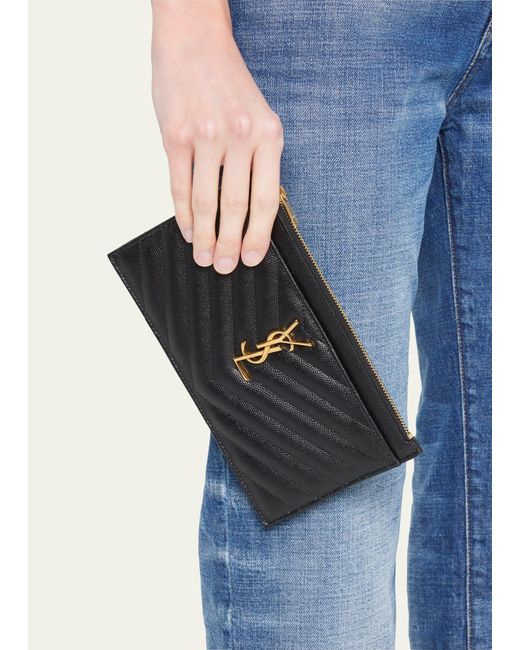 Saint Laurent Black Ysl Monogram Small Ziptop Bill Pouch In Grained Leather