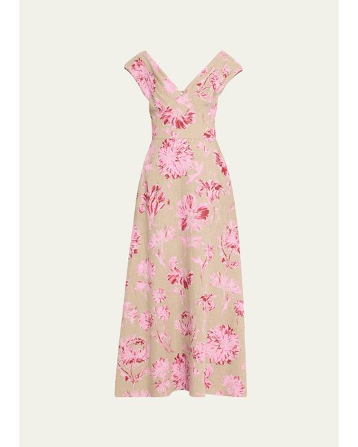 Lela Rose Pink V-neck Floral-print Sleeveless Empire-waist Maxi Dress