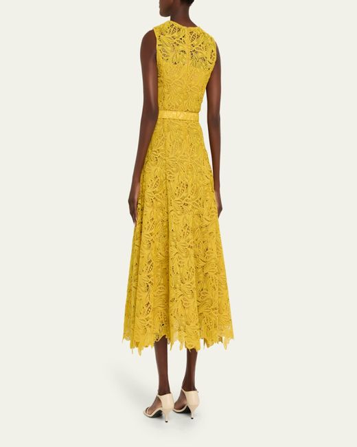Oscar de la Renta Yellow Sleeveless Feather Scroll Guipure Midi Day Dress With Belt