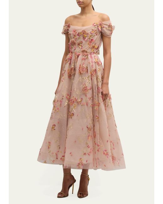 Marchesa Pink Off-shoulder Floral Applique Dress