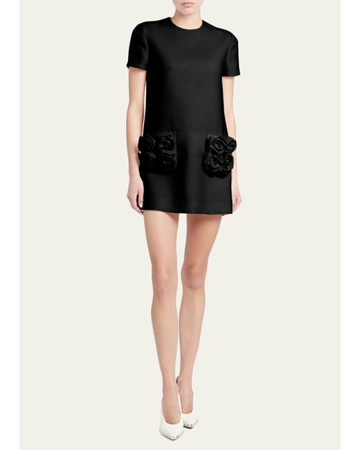 Valentino Garavani Black Crepe Couture Mini Dress With Floral Applique Details