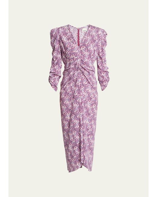 Isabel Marant Pink Albini Ruched Printed Midi Silk Dress