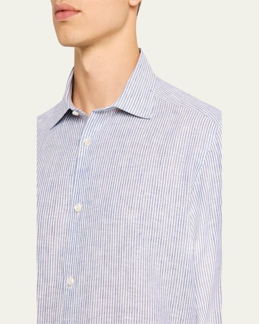 Zegna Blue Stripe Oasi Lino Casual Button-Down Shirt for men