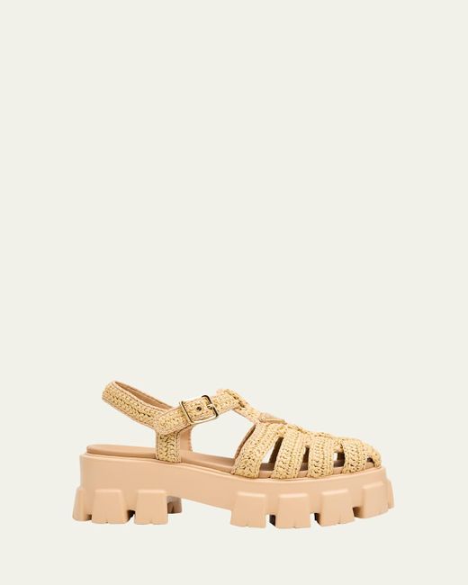 Prada Natural Monolith Raffia Chunky Fisherman Sandals