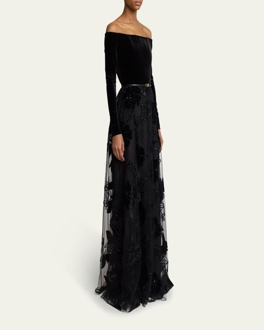 Elie Saab Black Off-The-Shoulder Velvet Sequined Tulle Gown
