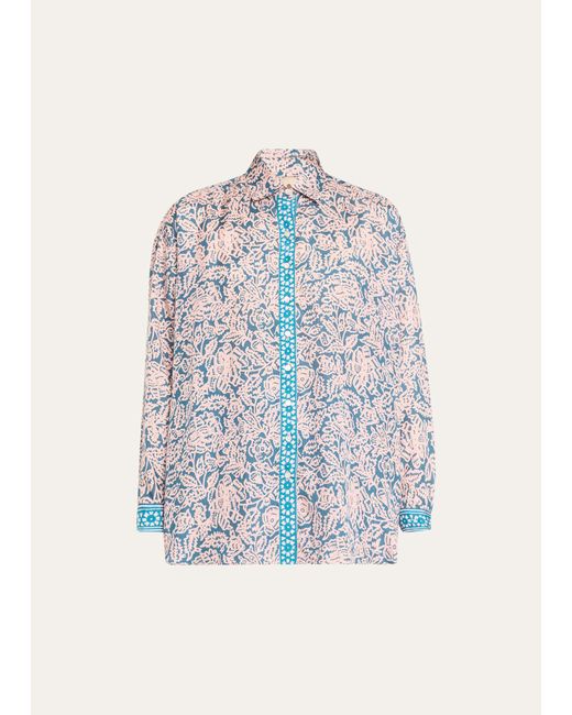 Hannah Artwear Blue Stevie Floral Silk Button-front Shirt