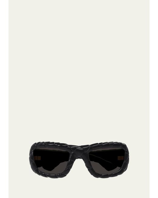Bottega Veneta Black Woven Plastic Rectangle Sunglasses