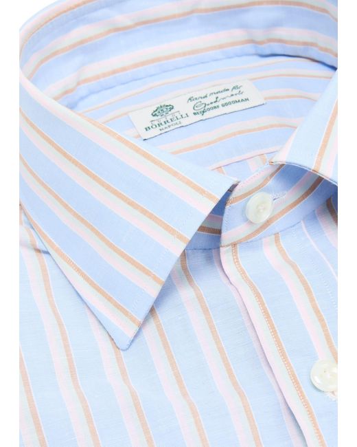 Luigi Borrelli Napoli Blue Cotton And Linen Multi-stripe Dress Shirt for men