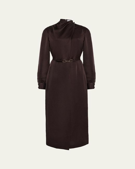 Gabriela Hearst Josef Draped Textured Silk Long-Sleeve Midi Dress With Belt in Brown | Lyst Gabriela Hearst Josef Draped Textured Silk Long-Sleeve Midi Dress With Belt in Brown | Lyst
