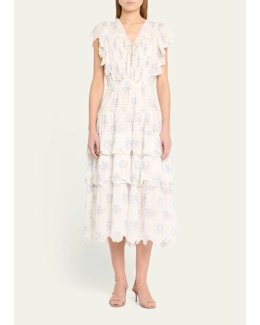 LoveShackFancy Natural Valina Tiered Flutter-sleeve Cotton Midi Dress
