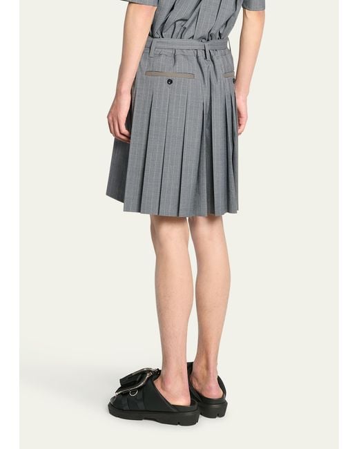 Sacai Gray Pinstripe Pleated-back Belted Shorts for men