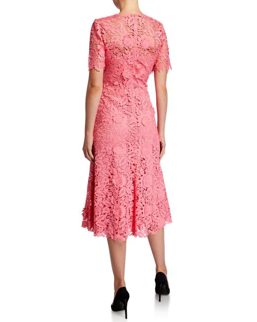 Lela Rose Lace Flutter-sleeve Midi Dress in Pink - Lyst