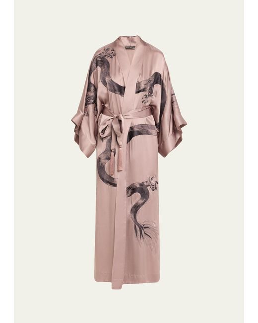 Natori Pink Dragon-embroidered Silk Kimono Robe