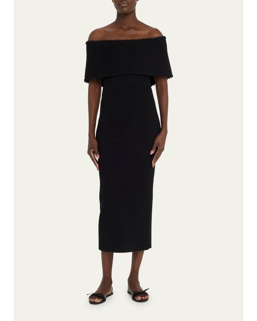 Lela Rose Black Off-shoulder Midi Dress With Scalloped Trim