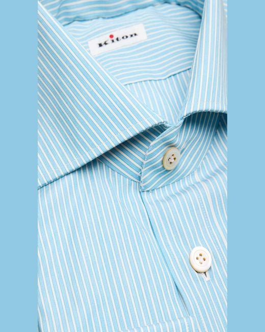 Kiton Blue Pinstripe Cotton Spread Collar Dress Shirt for men