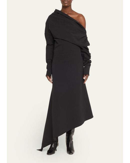 A.W.A.K.E. MODE Black Off-the-shoulder Asymmetric Maxi Dress