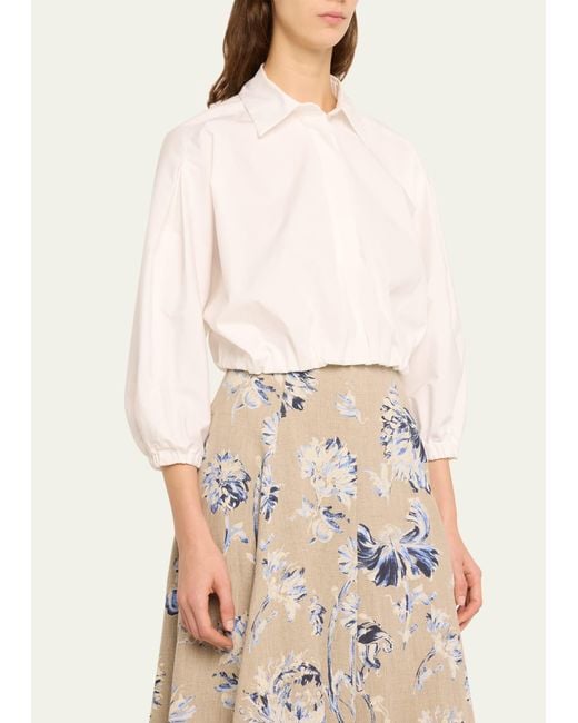 Lela Rose Natural Cropped Elastic Button Down Blouse