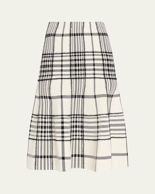 Brandon Maxwell White Rory Check Flare Midi Skirt