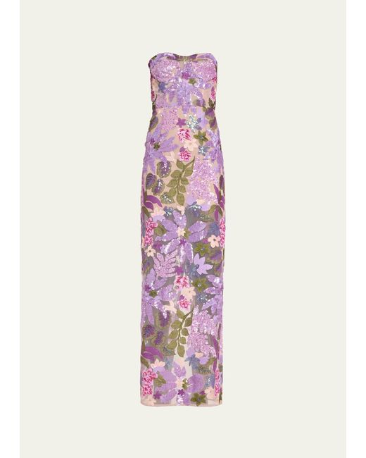 Bronx and Banco Pink Dahlia Strapless Floral-embroidered Sequin Gown