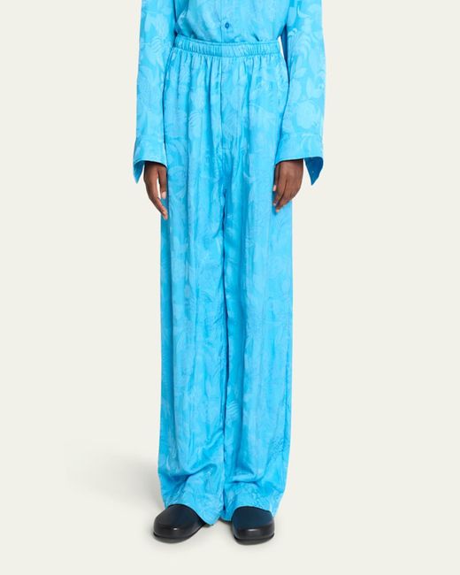 Balenciaga Blue Floral Satin Jacquard Wide-Leg Pajama Pants