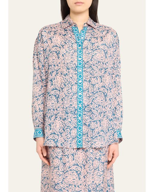 Hannah Artwear Blue Stevie Floral Silk Button-front Shirt