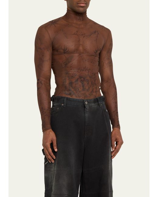 Balenciaga Brown Tulle Tattoo-printed Mock-neck Shirt for men
