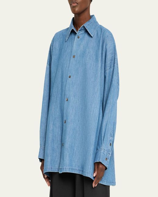 Eskandar Blue Angled-To-Front Side Seam Denim Shirt With Collar (Long Length)