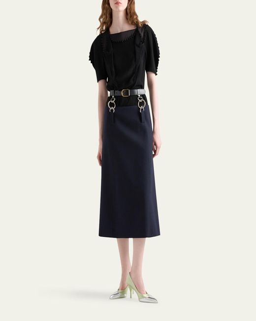 Prada Blue Floating Leather Belt Wool Midi Skirt