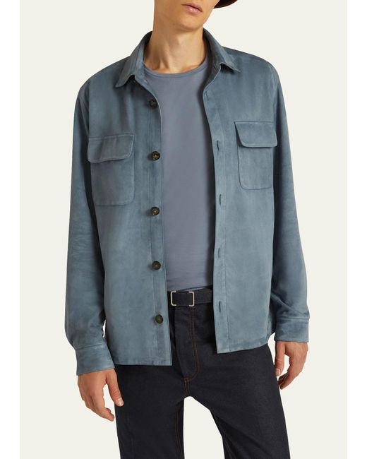 Loro Piana Blue Solid Suede Overshirt for men