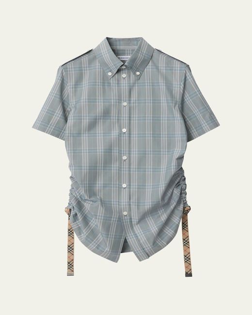 Burberry Blue Check Drawstring Button Down Cotton Shirt