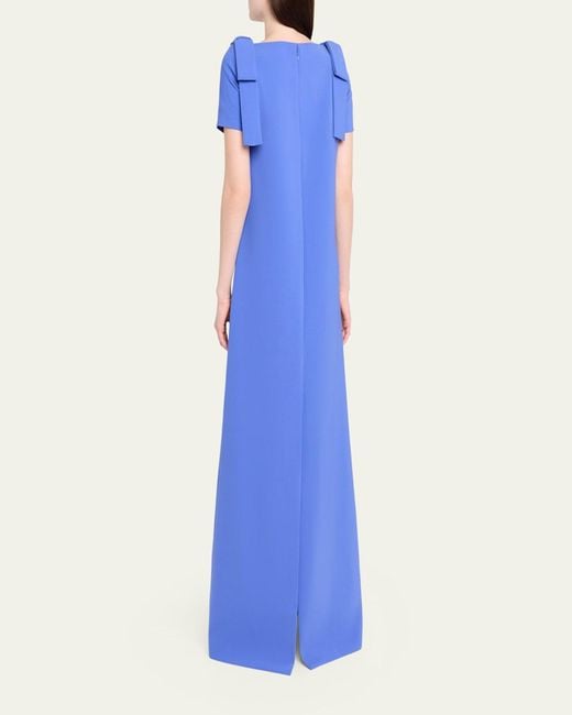 Carolina Herrera Blue Embroidered Bow-Shoulder A-Line Gown