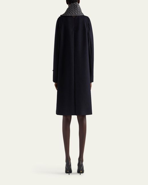 Prada Blue Loden Leather-Button Single-Breasted Wool Coat