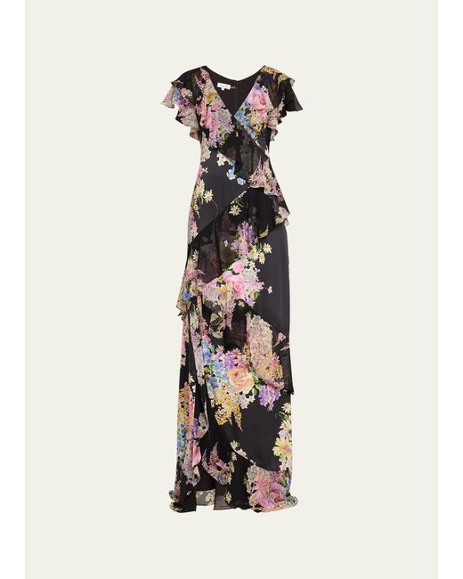 Teri Jon White Floral-print Ruffle Chiffon Gown