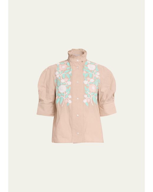 Thierry Colson Natural Vita Floral-embroidered High-neck Blouse