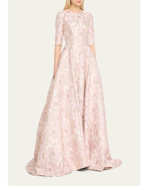 Reem Acra Pink Mikado Floral Jacquard Gown