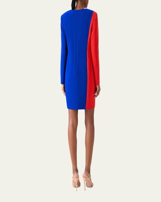 Akris Blue Vortex Patchwork Wool Long-Sleeve Mini Dress