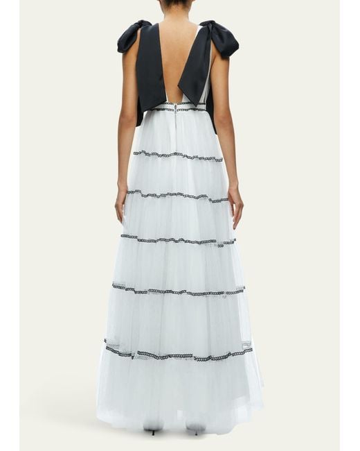 Alice + Olivia Natural Jessalynn Bow Strap Tiered Maxi Gown