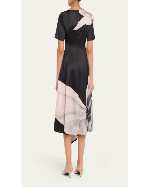 Jason Wu Multicolor Dancing Pleat Short-Sleeve Asymmetric Midi Dress
