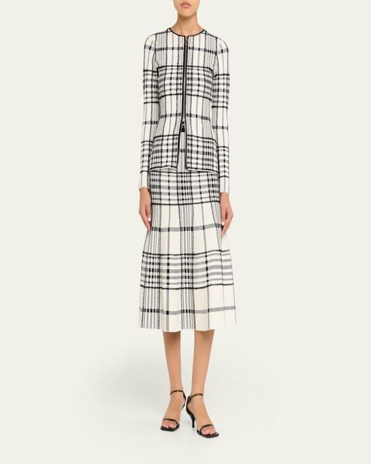 Brandon Maxwell White Rory Check Flare Midi Skirt
