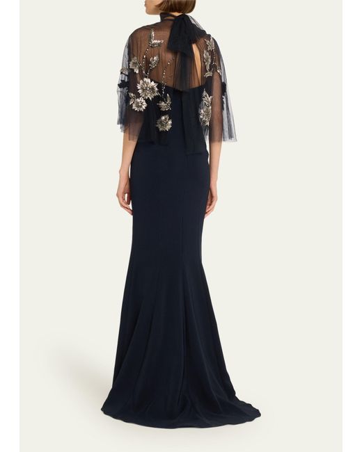 Marchesa Blue Strapless Crepe Gown With Embellished Capelet