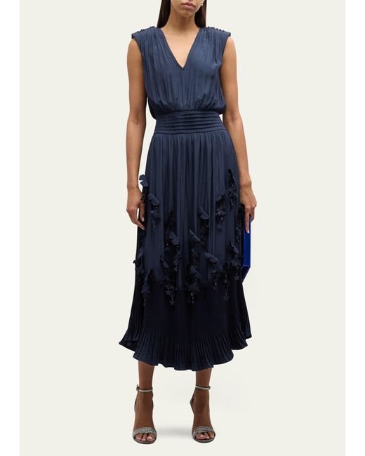 Ramy Brook Blue Jacqueline Pleated Floral Applique Midi Dress