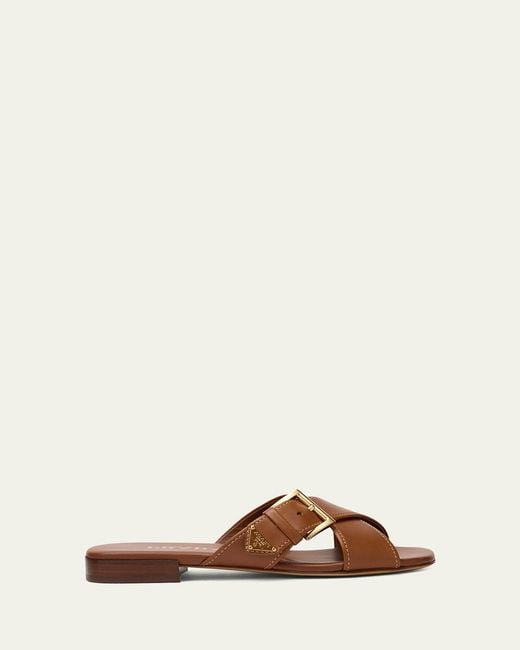 Prada Brown Triangle Leather Slide Sandals