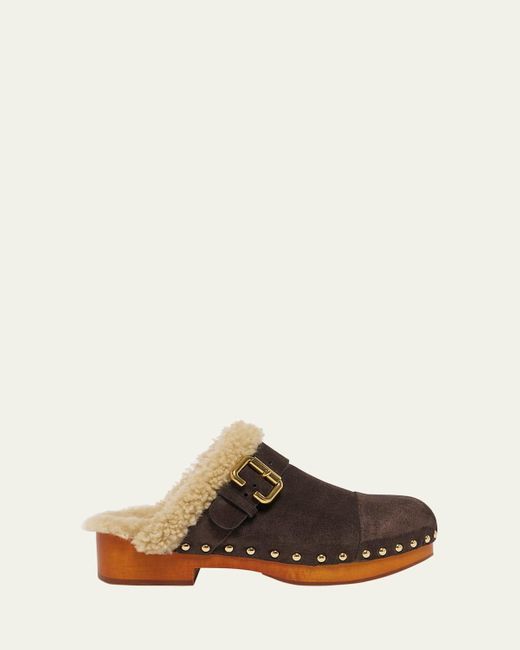 Chloé Multicolor Jeanette Suede Shearling-Lined Clogs