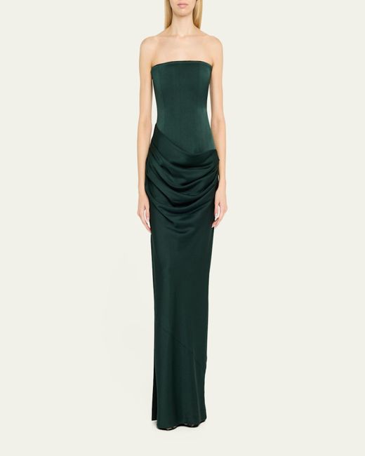 Alex Perry Green Strapless Draped Satin Crepe Gown