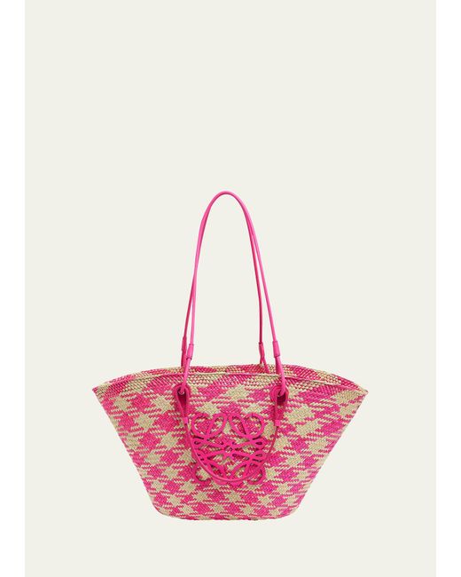 Loewe Pink X Paula's Ibiza Medium Anagram Basket Tote Bag In Checkered Iraca Palm With Leather Handles