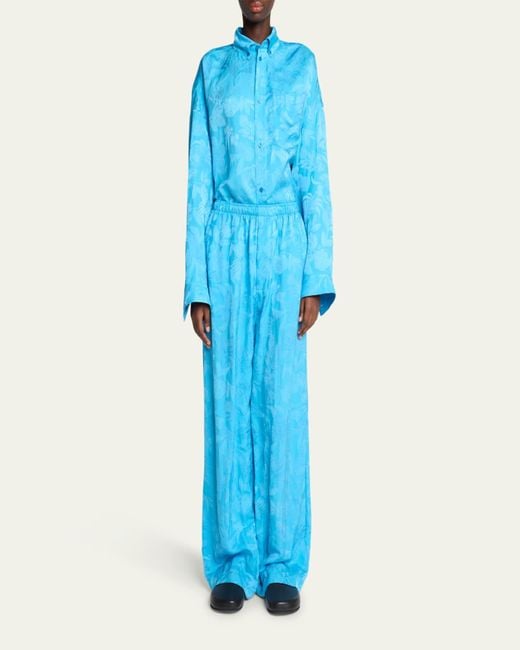 Balenciaga Blue Floral Satin Jacquard Wide-Leg Pajama Pants