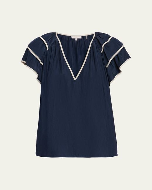 Ramy Brook Blue Jordan Tiered Ruffle-Sleeve Blouse