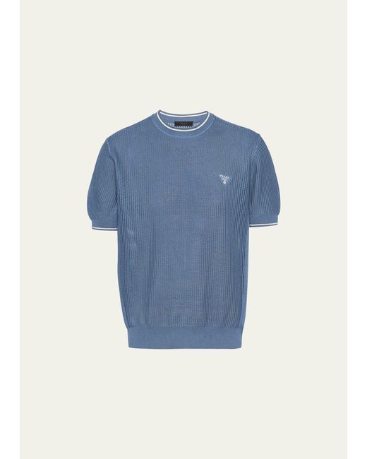 Prada Blue Silk-cotton Knit T-shirt for men