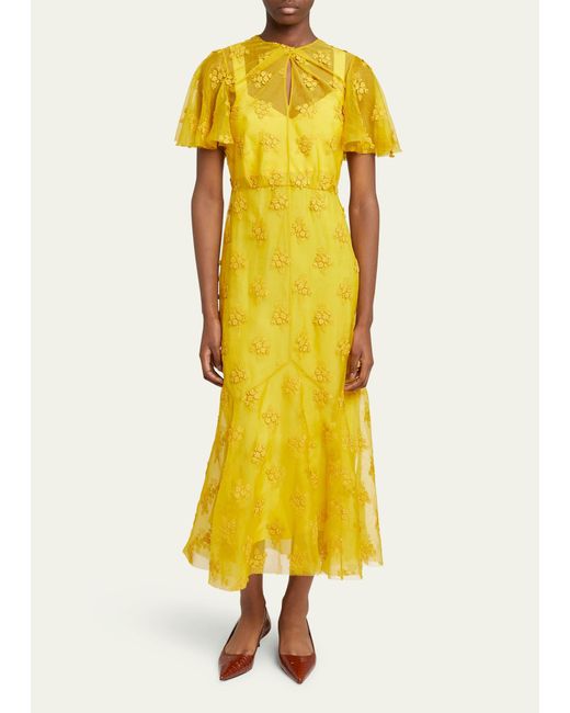 Erdem Yellow Floral Applique Sheer Flutter-sleeve Dress