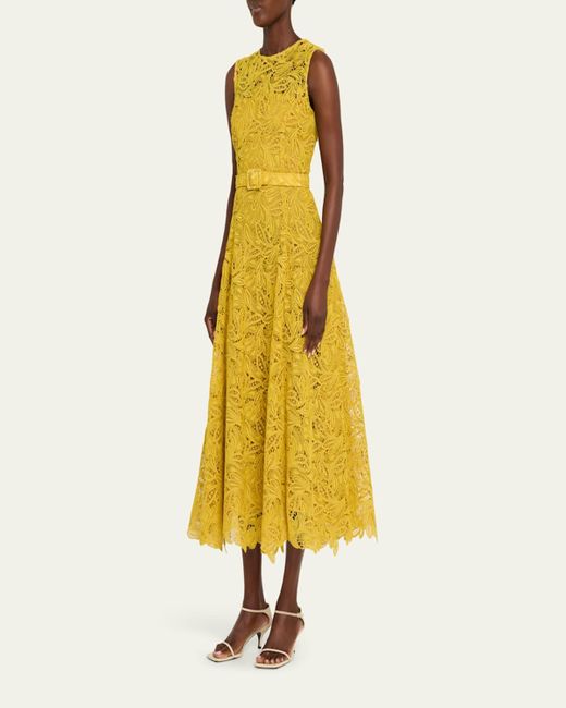 Oscar de la Renta Yellow Sleeveless Feather Scroll Guipure Midi Day Dress With Belt
